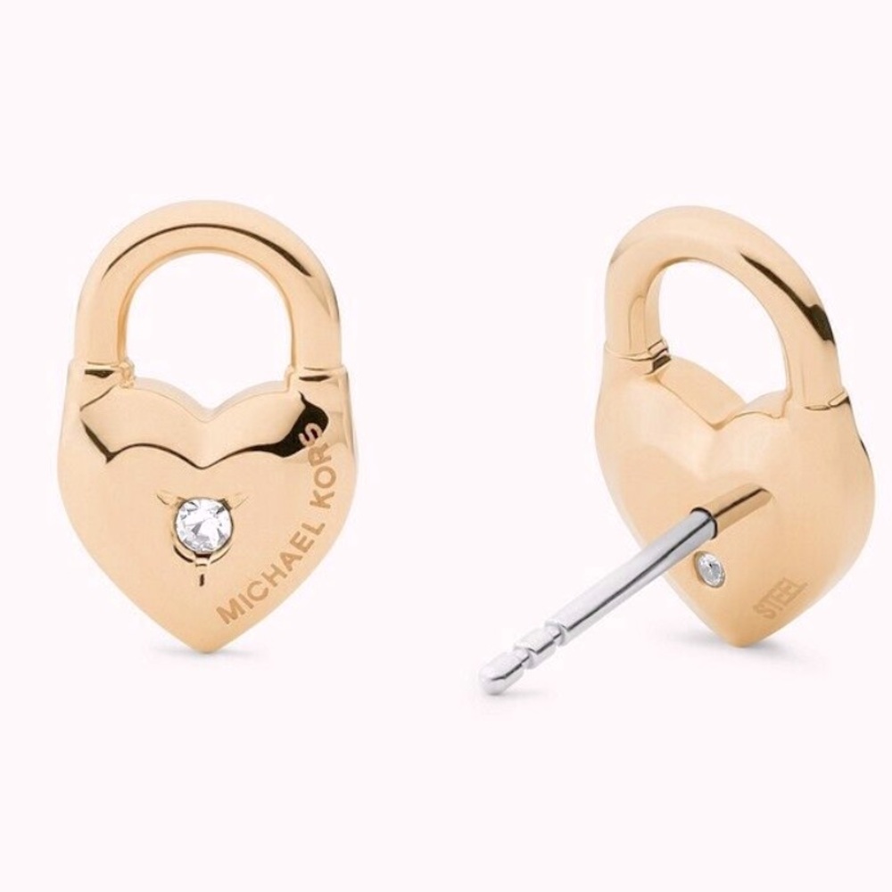 New Michael Kors Logo Heart Padlock Stud Earrings - Picture 2 of 11
